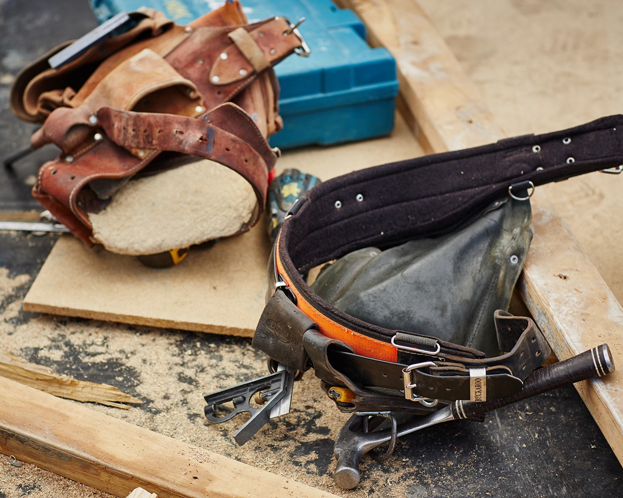 Tool belt, tool box and some construction off cuts